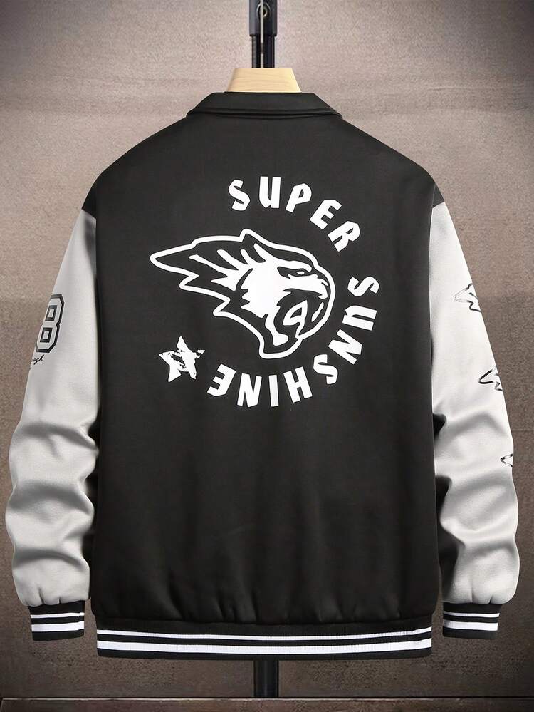 Loose Fit Men's Letter Graphic Striped Trim Colorblock Jacket Without Inner Sweatshirt