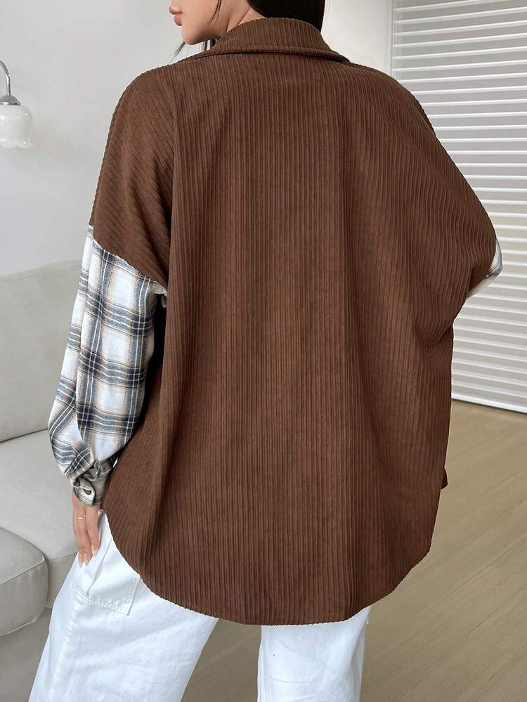 Plaid Print Drop Shoulder Pocket Patched Button Front Shacket