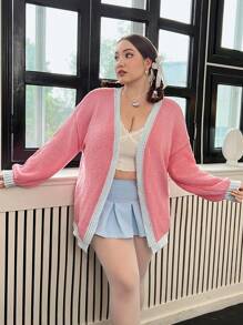 Flirla Plus Contrast Trim Drop Shoulder Duster Cardigan - Pink - View 3