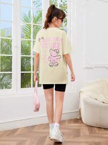 SHEIN Teen Girl Slogan & Cartoon Graphic Drop Shoulder Tee - Apricot - View 2