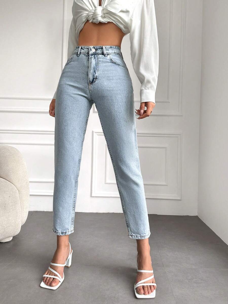 SHEIN Cottnline High Waist Mom Fit Jeans - Light Wash - View 1