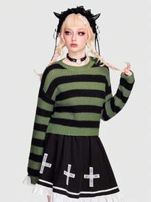 ROMWE Goth Áo len trễ vai họa tiết sọc - màu xanh lá - Xem 4
