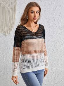 SHEIN VCAY 撞色後扭結落肩袖網眼針織套頭毛衣 - 彩色 - 查看 3