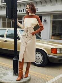 BizChic 翻盖口袋前纽扣系带半身裙秋季女装 - 卡其色 - 查看 5