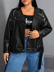 SHEIN EZwear Plus Zip Up Belted PU Leather Moto Jacket - Black - View 1