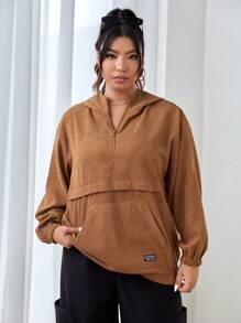 SHEIN EZwear Hơn Chi tiết Patched thư Túi kangaroo Thả vai áo có mũ Áo khoác - Màu Khaki - Xem 1