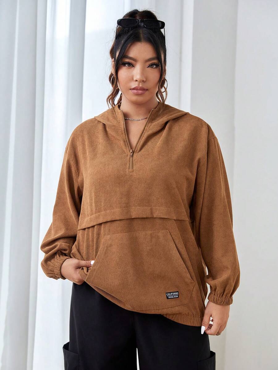 SHEIN EZwear Hơn Chi tiết Patched thư Túi kangaroo Thả vai áo có mũ Áo khoác - Màu Khaki - Xem 1