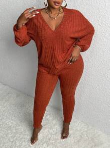 Slaydiva 2 件/套休閒家居服彈性針織羅紋修身加大尺碼女款長袖 T 恤和褲子套裝 - 棕色 - 查看 6