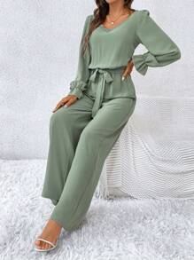 SHEIN Frenchy Contrast Lace Tie Back Flare Sleeve Wide Leg Jumpsuit Winter Elegant Green Christmas - Green - View 6