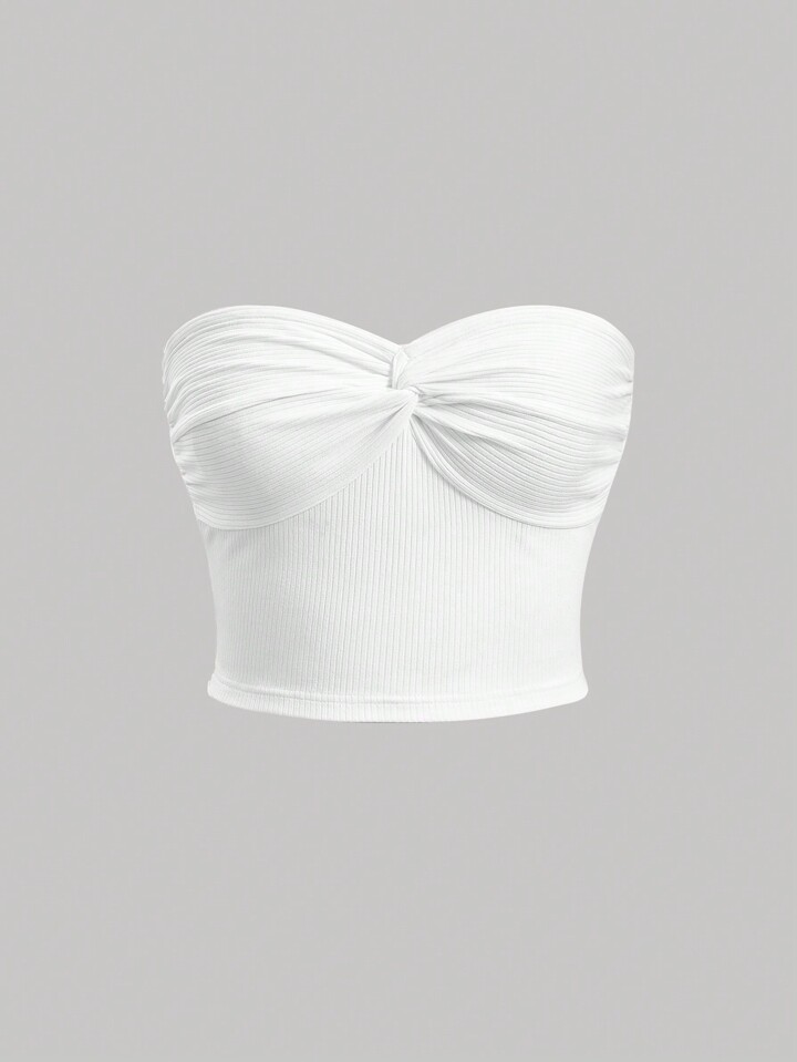 SHEIN MOD White Summer Twist Front Ribbed Knit Tube Top