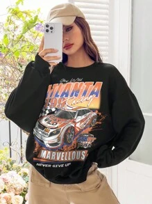 SHEIN EZwear Women's European And American Style Loose Fit Sweatshirt With Racing Slogan Print - Black - View 1
