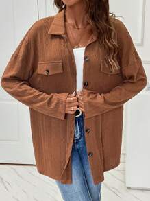 SHEIN LUNE Abrigo de hombros caídos con diseño de solapa con botón delantero - Café integral - Ver 5