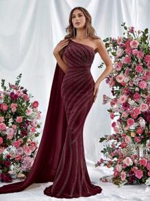One Shoulder Extra-Long Sleeve Mermaid Hem Party Dress - Burgundy - View 4