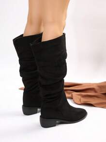 女士时尚一脚蹬褶皱过膝靴一脚蹬设计，舒适透气粗跟优雅百搭及膝靴，适合秋冬季 - 黑色 - 查看 3