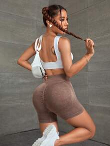 淨色寬腰運動短褲 - 棕色 - 查看 3