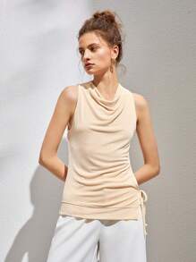 Cowl Neck Drawstring Ruched Tank Top - Beige - View 4