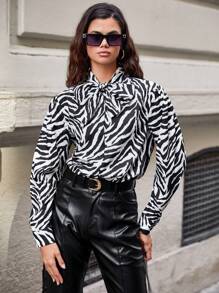 EURMUSE 斑馬條紋繫帶領襯衫 - 黑與白 - 查看 5