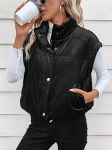 SHEIN LUNE 拉链按扣衬垫大衣 - 黑色 - 查看 5