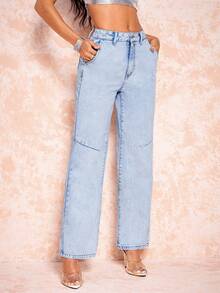 SHEIN BAE Quần jean ống đứng có túi nghiêng - Màu xanh lam - Xem 6