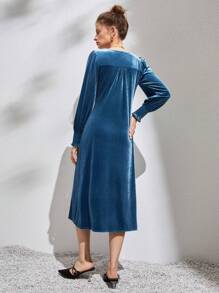 Button Decor Velvet Fitted Dress Fall Cloth For Women - Blue - View 2