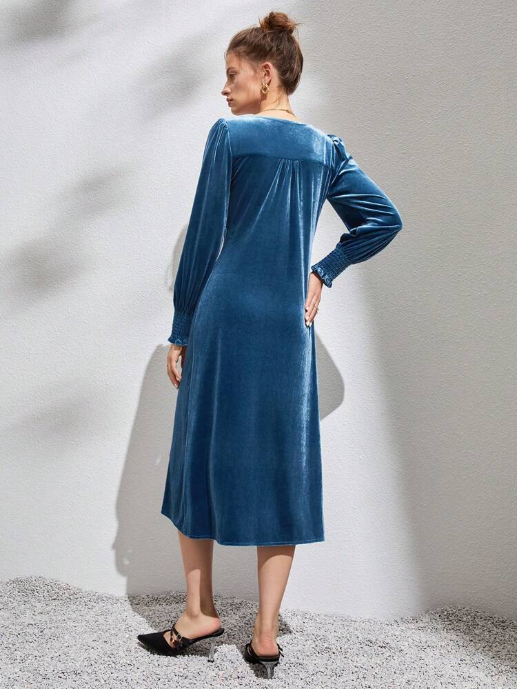 Button Decor Velvet Fitted Dress Fall Cloth For Women