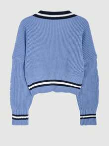 Contrast Stripe Trim Drop Shoulder Cardigan,Long Sleeve Tops - Blue - View 2