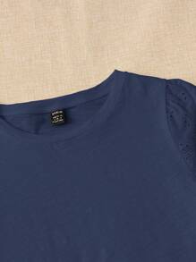 EMERY ROSE Camiseta unicolor con bordado con ojal - Azul Marino - Ver 4