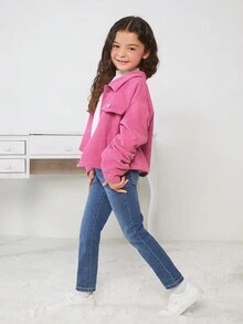 女大童翻蓋細節落肩袖燈芯絨夾克 - 玫紅色 - 查看 4