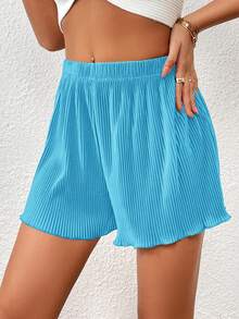 SHEIN Essnce Solid Lettuce Trim Shorts - Blue - View 5