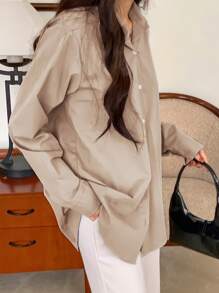 DAZY Solid Button Front Shirt - Khaki - View 2