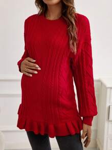 SHEIN Maternity Cable Knit Drop Shoulder Ruffle Hem Sweater, For Winter - Red - View 4