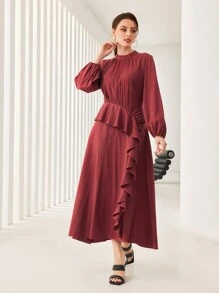 Modelyn Burgundy Red Ruffle Trim Lantern Sleeve Dress Long Evening Dresses - Burgundy - View 4
