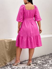 SHEIN VCAY Plus Square Neck Puff Sleeve Ruffle Hem Belted Dress