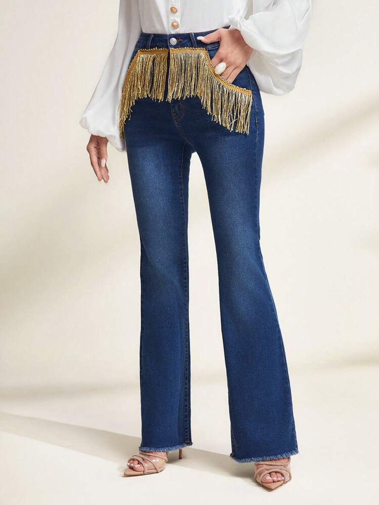 High Waist Fringe Trim Flare Leg Jeans