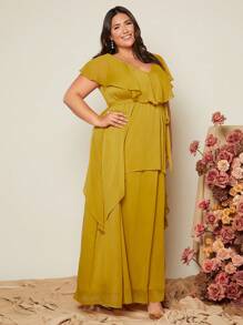 SHEIN Belle Talla grande Vestido de dama de honor ribete con fruncido de gasa maxi - Amarillo - Ver 6
