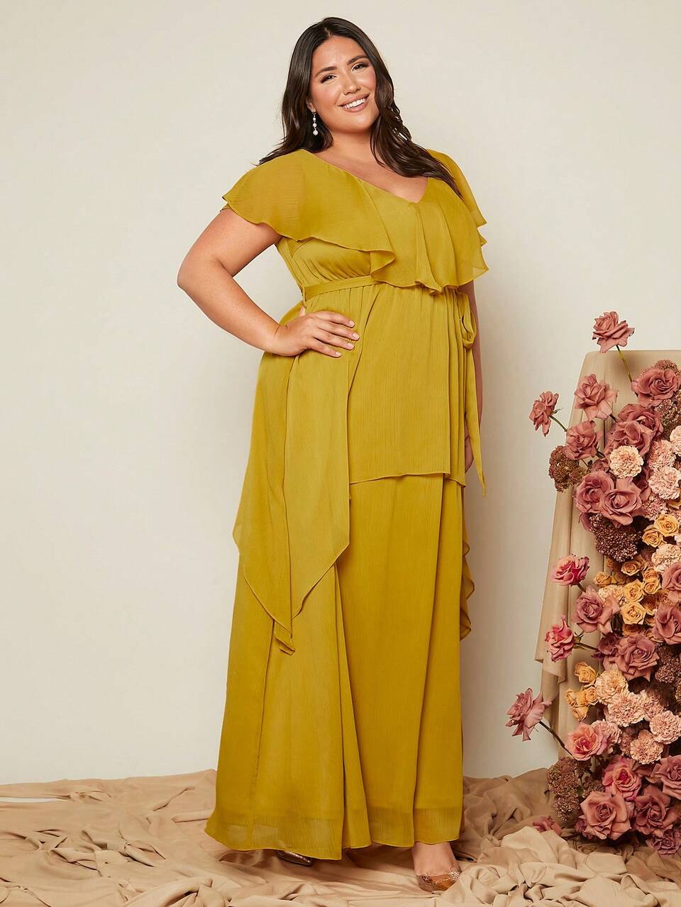 Plus Ruffle Trim Chiffon Maxi Bridesmaid Dress