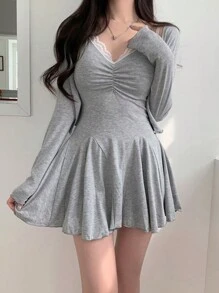 DAZY 纯色褶饰吊带连衣裙和开襟夹克，荷叶边，女式两件套，秋季女装 - 灰色 - 查看 9