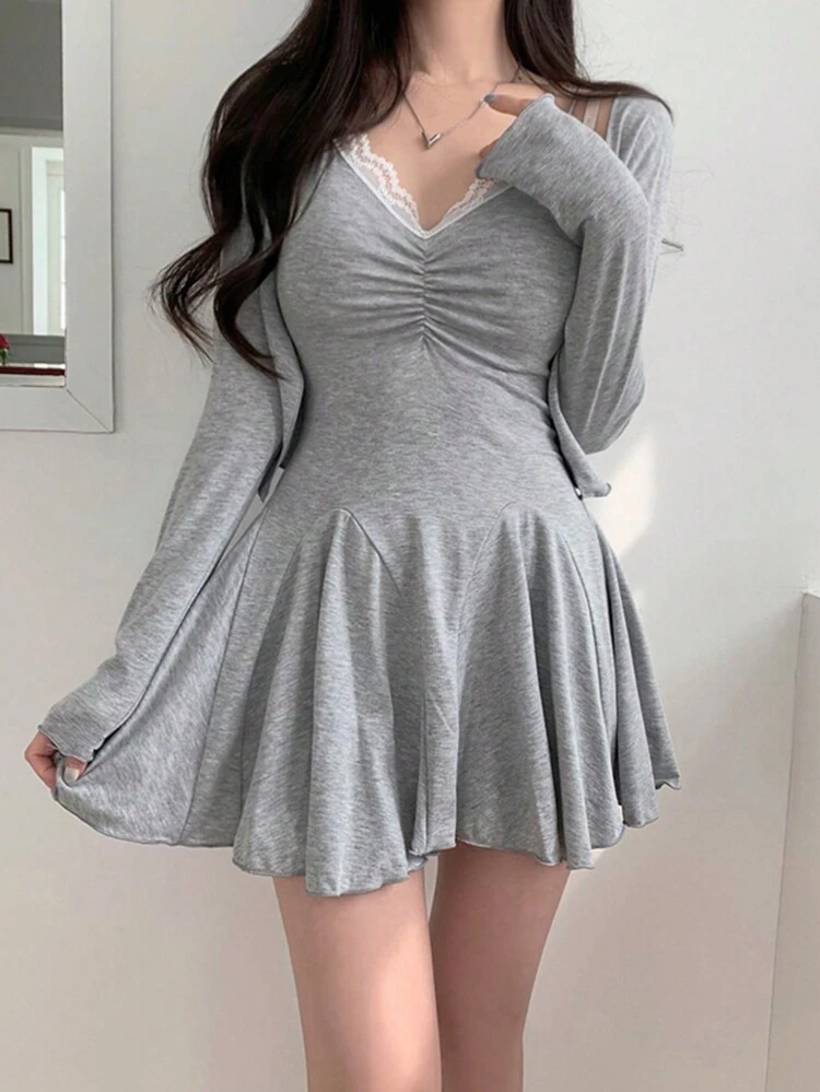 Solid Ruched Cami Dress & Open Front Jacket, Ruffle, Women Two Pieces Sets,Fall Women Clothes