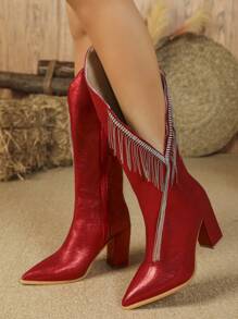 女式時尚閃亮水鑽裝飾流蘇設計戶外休閒經典靴子,西部牛仔靴 - 紅色 - 查看 3
