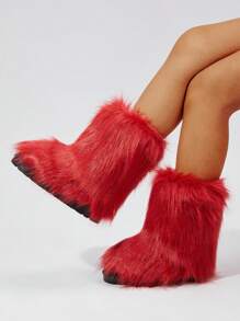 Fashionable Mid-calf Snow Red Boots, Comfortable And Warm Furry Winter Boots - Red - View 2