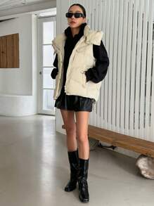 DAZY 斜口袋连帽背心加厚口袋外套，女士冬季外套夹克 - 綠色 - 查看 8