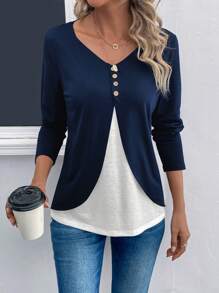 SHEIN LUNE Chi tiết nút hai tông màu 2 trong 1 Tee - Màu xanh hải quân - Xem 1