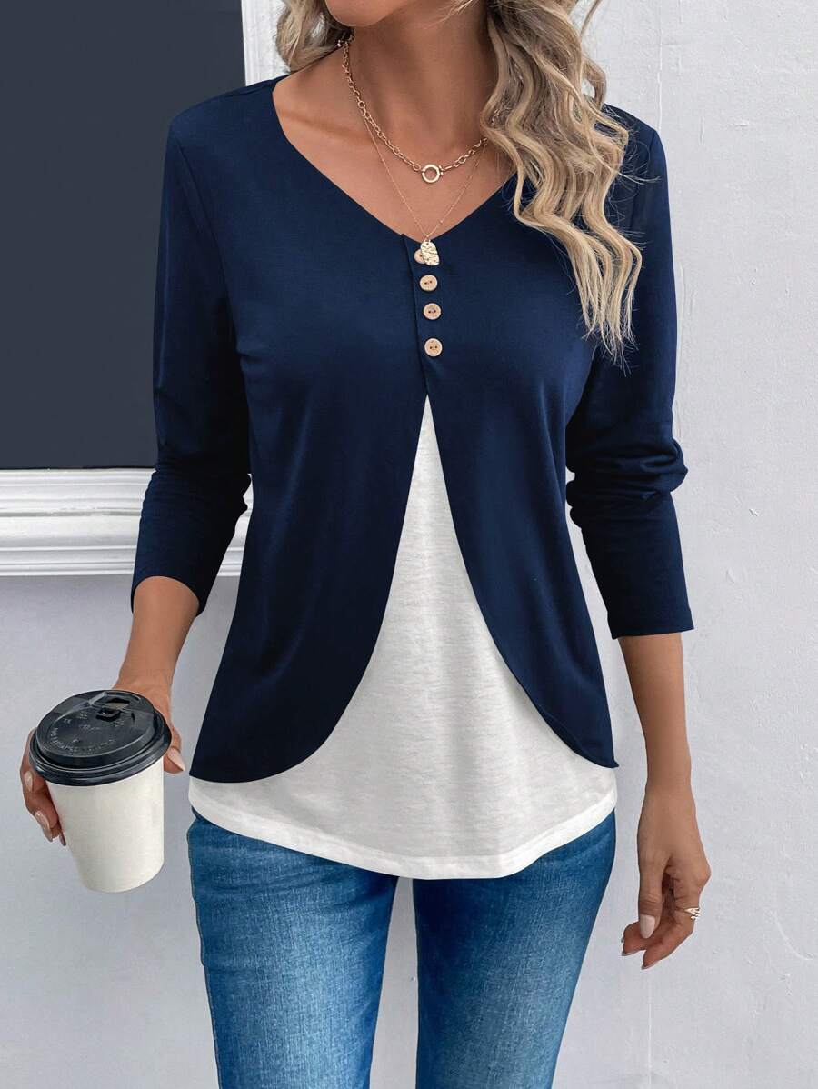 SHEIN LUNE Chi tiết nút hai tông màu 2 trong 1 Tee - Màu xanh hải quân - Xem 1