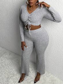 Slaydiva Plus Drawstring Front Crop Tee & Pants - Grey - View 5