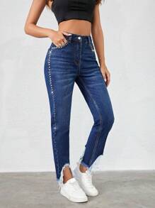 RueChic Studded Beaded Raw Cut Asymmetrical Hem Jeans - Blue - View 1