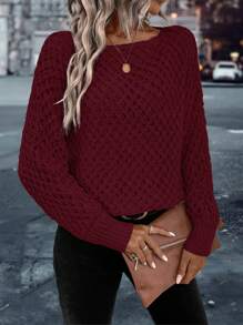 SHEIN LUNE 素色蝙蝠袖套頭毛衣 - 酒紅色 - 查看 3