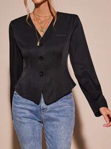 SHEIN Clasi 正面純色鈕扣夾克 - 黑色 - 查看 4