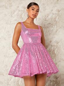 SHEIN BAE 聖誕方領亮片喇叭下擺洋裝 - 金色 - 查看 1