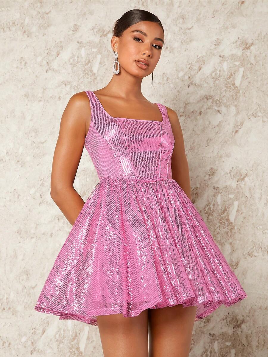 SHEIN BAE 聖誕方領亮片喇叭下擺洋裝 - 金色 - 查看 1