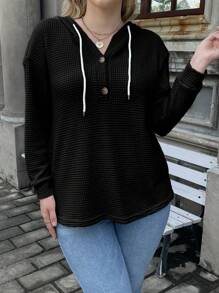Calvaya Plus Half Button Drop Shoulder Drawstring Hoodie Pullover Fall Outfit
